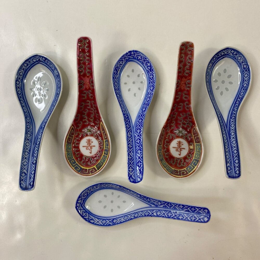 Set of 6 Porcelain Chinese Mun Shou Ceramic Soups Spoon Rice Eyes